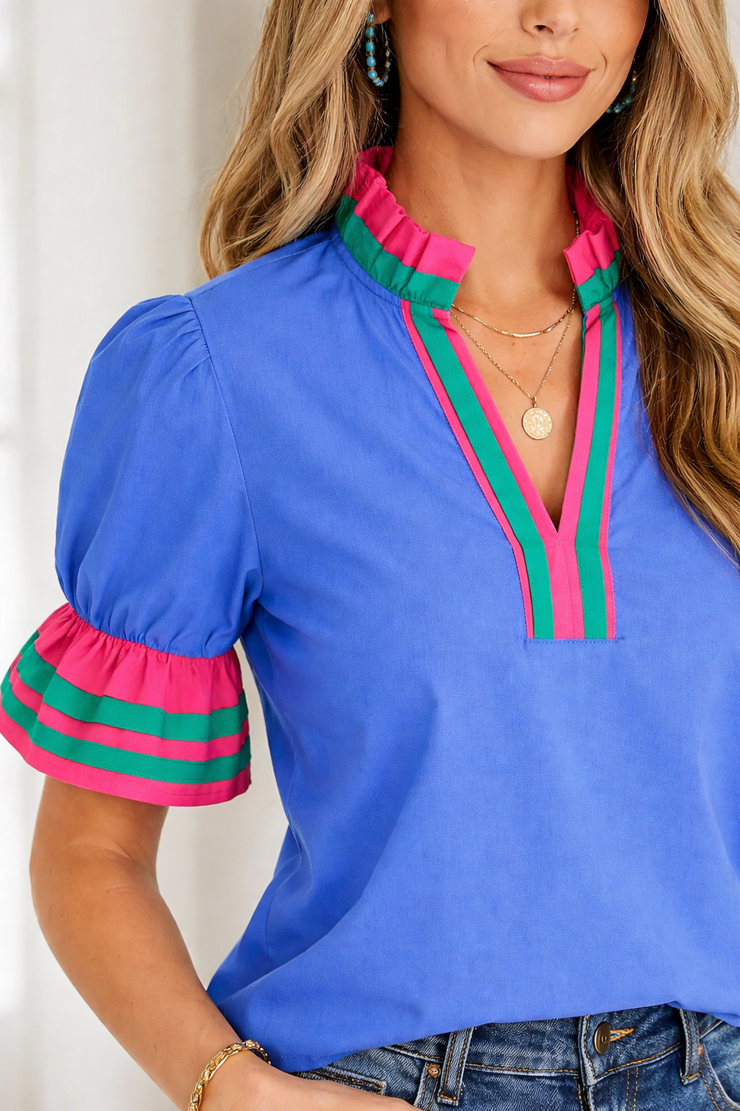 19092 Journee Ruffled Short Sleeve Blouse - Sky Blue, Cotton-Lyocell Blend