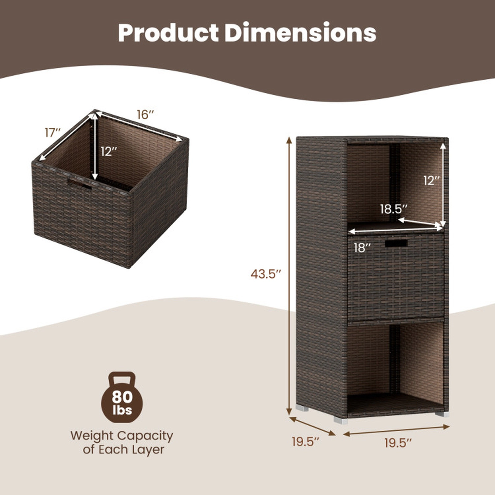 SUGIFT 3-Shelf PE Rattan Removable Drawer Outdoor Patio Storage Cabinet 19.5-in x 19.8-in x 43-in 80-lb Shelf Brown