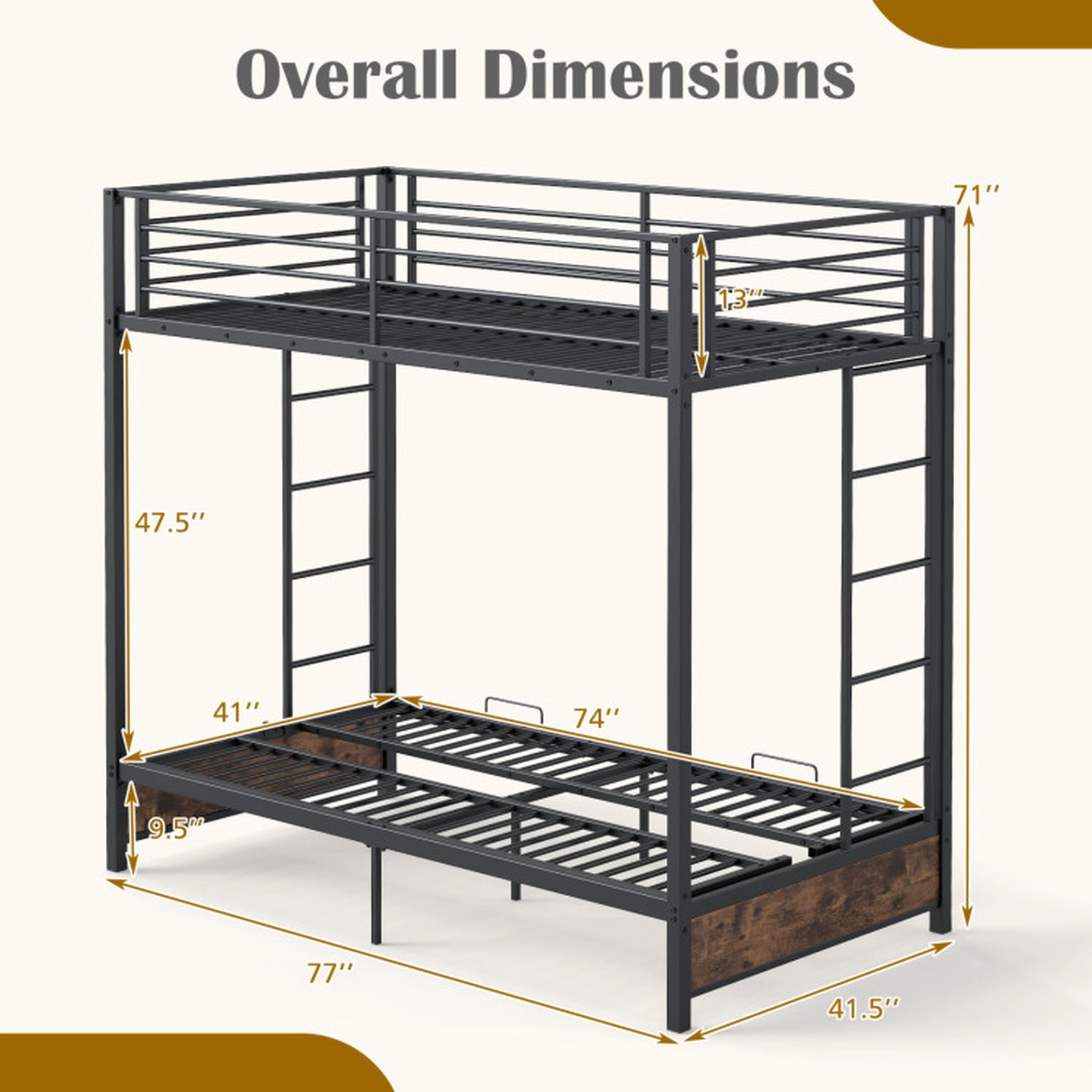 SUGIFT Rustic Brown Headboard and Footboard 485-lb Heavy Duty Twin Over Futon Teens Metal Bunk Bed