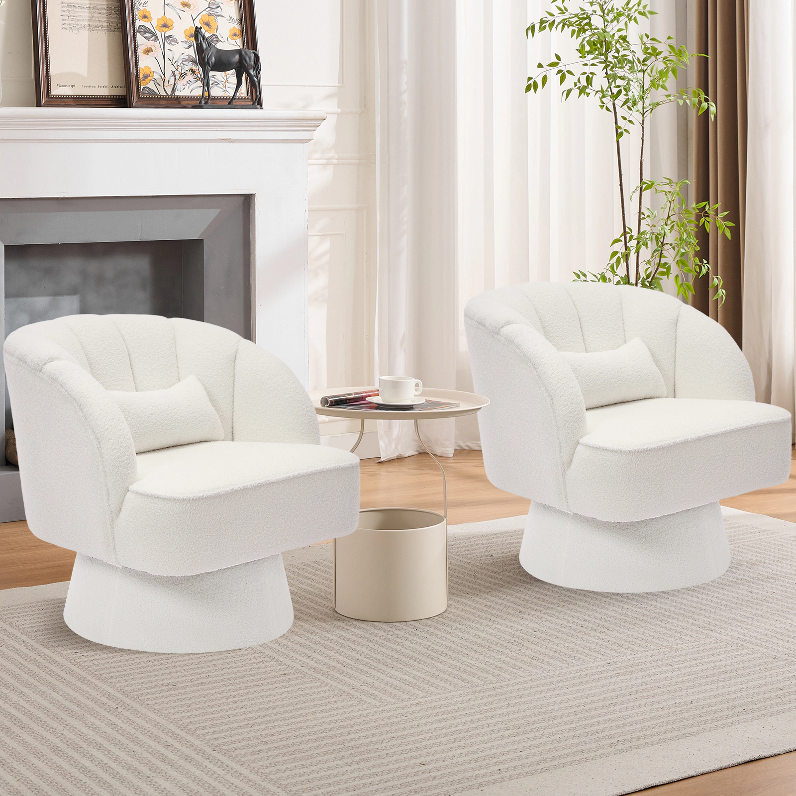 BebreezChic Beige Fleece 360 Swivel Barrel Accent Chair Round Upholstered Lounge Armchair for Living Room