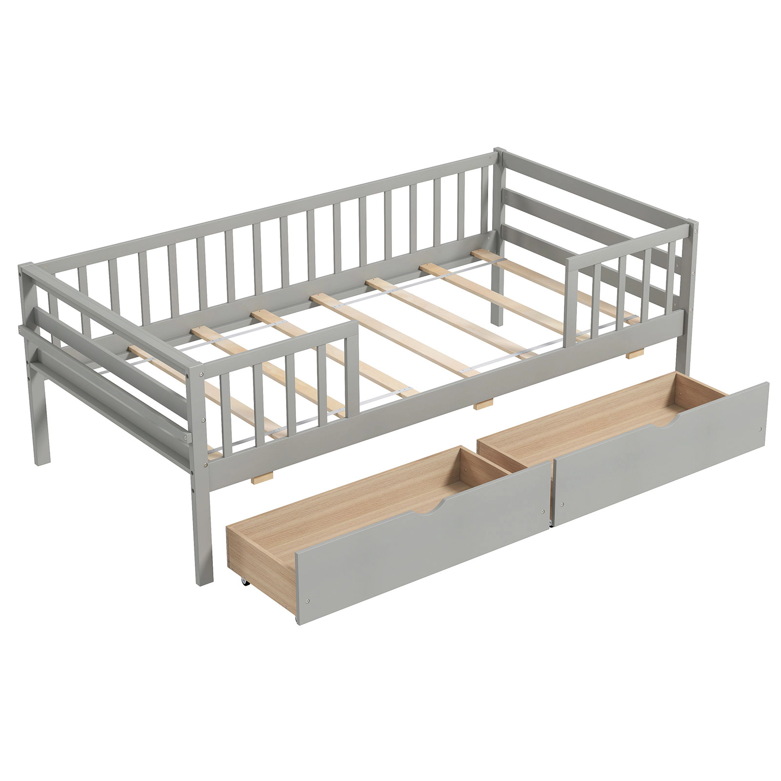 SUGIFT Gray Fence and 2 Storage Drawers for Boys and Girls Twin Kids Daybed