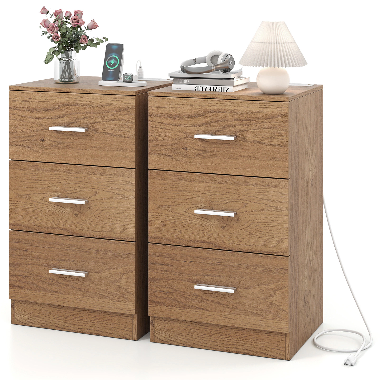 Glintex 2-Piece Nightstand Set with Charging Station 3 Drawers and Anti-Toppling Devices