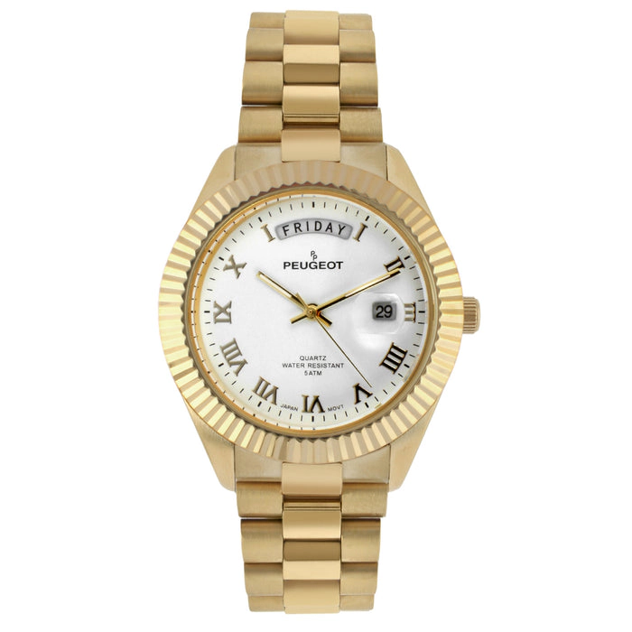 Peugeot Men's 40mm White Face Fluted Bezel Gold Bracelet Watch