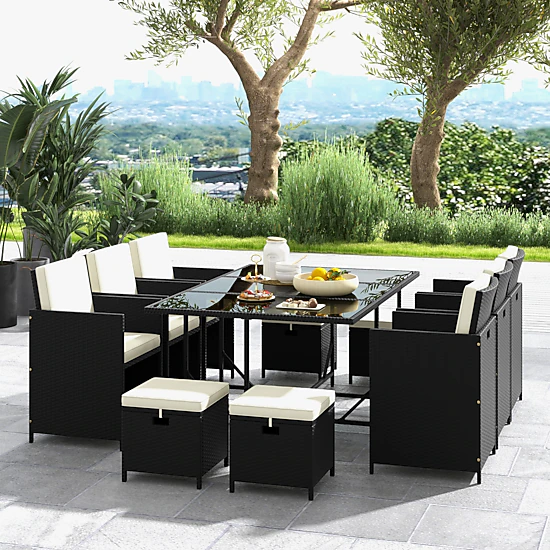 Glintex 11-Piece Nesting Rattan Dining Set with Tempered Glass Table ...