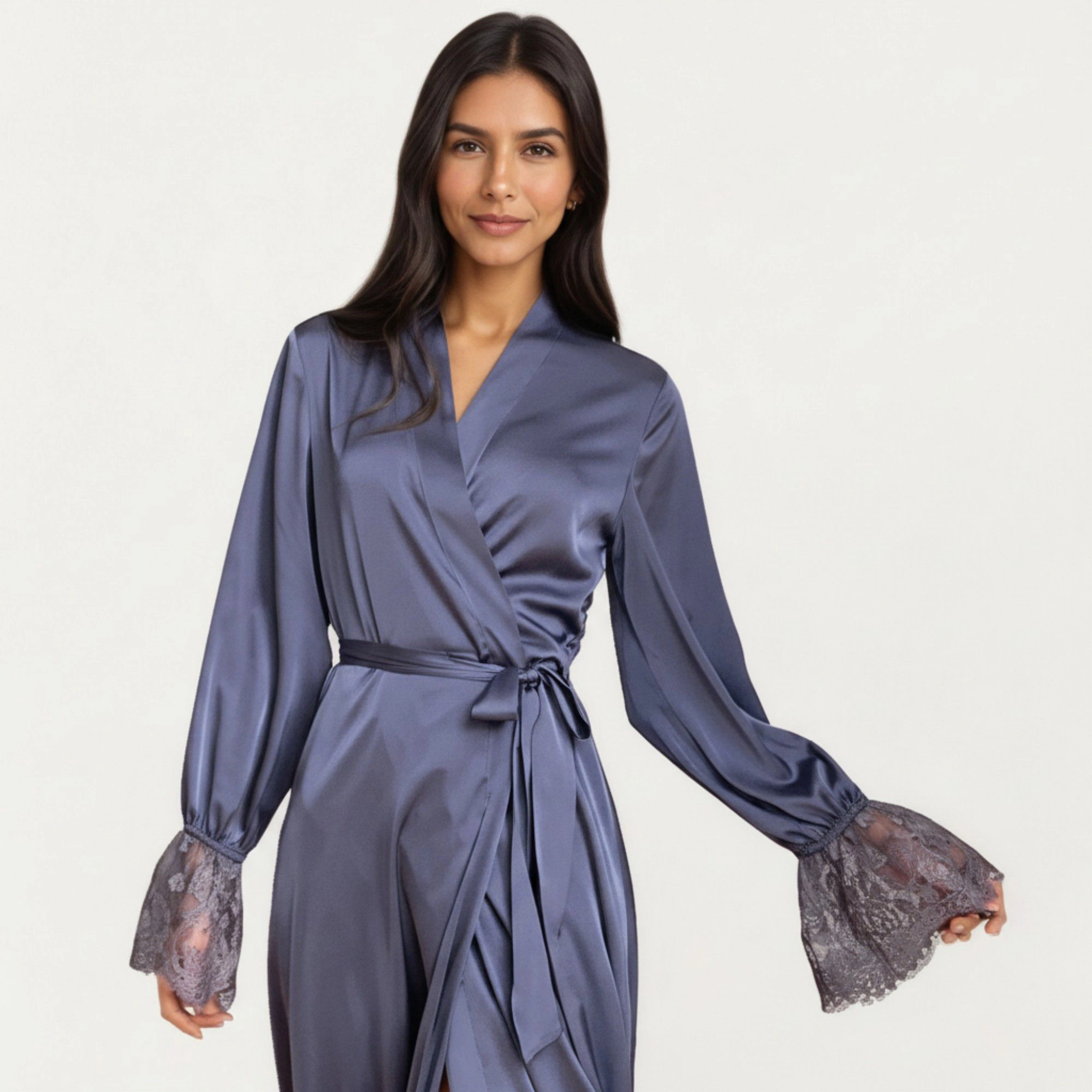 Anna-Kaci Women's Satin Wrap Robe Dress Long Sleeves Lace Cuff Detail and Adjustable Tie Waist Flowy Maxi Silhouette