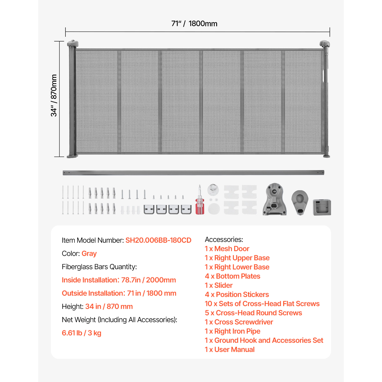 HONGGE Retractable Mesh Gate, 34 In Tall, Extends to 71 In Wide, Fiberglass Frame for Stairs and Doorways, Gray