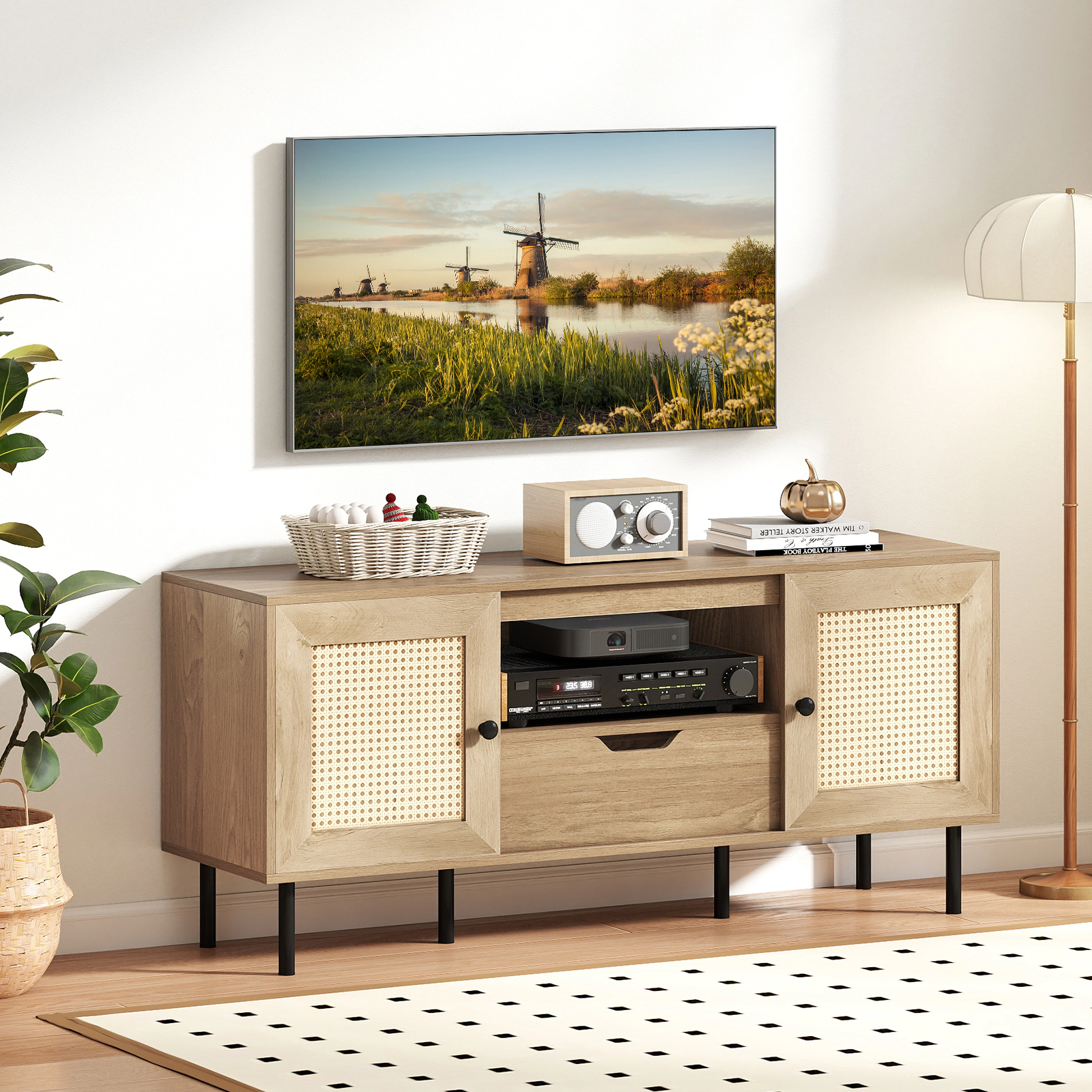LJG Boho TV Stand for 60 Inch TV Entertainment Center with Cabinets and Storage Shelf