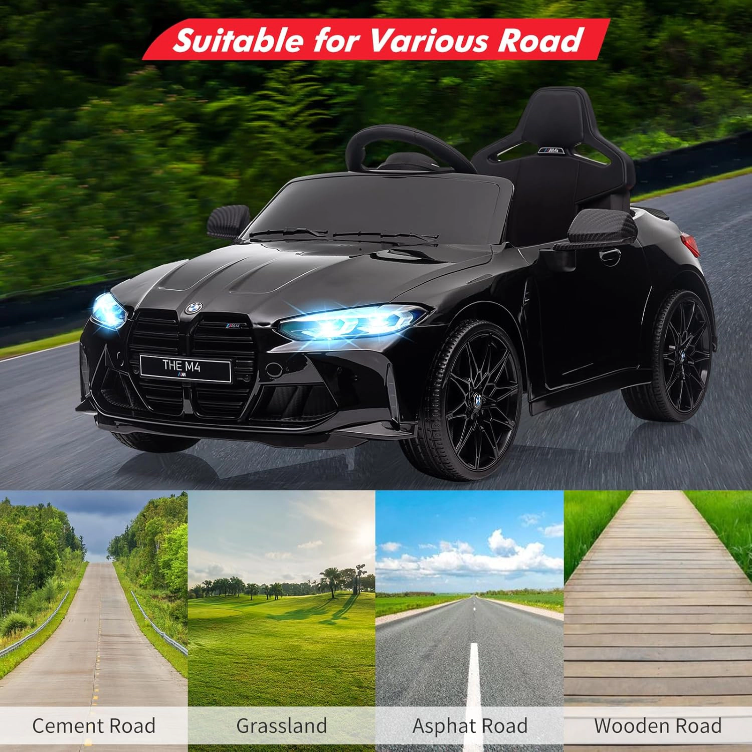 12V Licensed BMW M4 Kids Ride On Car, Electric Vehicle w/Remote Control, 3 Speeds, Bluetooth, MP3, LED Lights