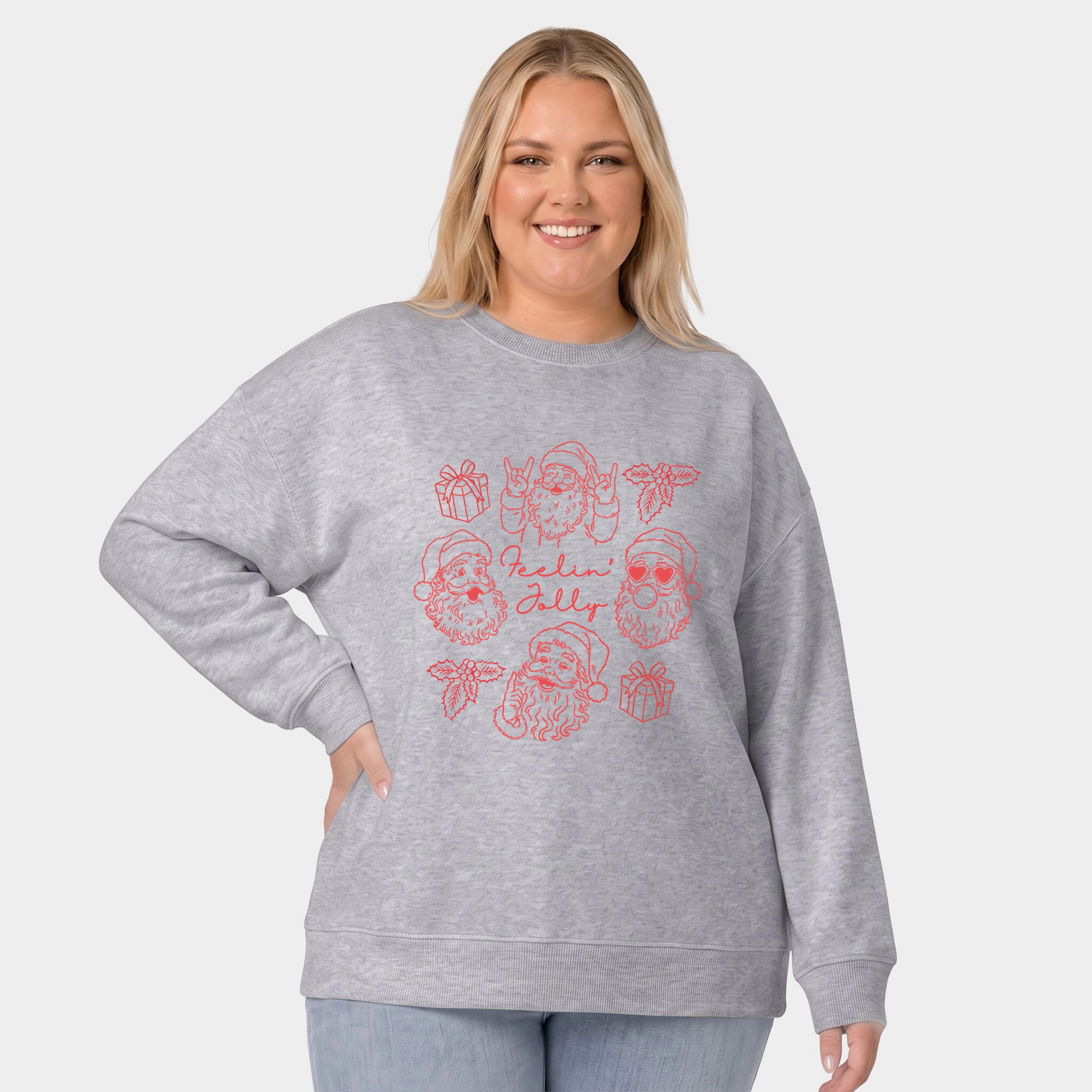 Simply Sage Market - Women's Plus Sweatshirt Feelin' Jolly Santa Outline
