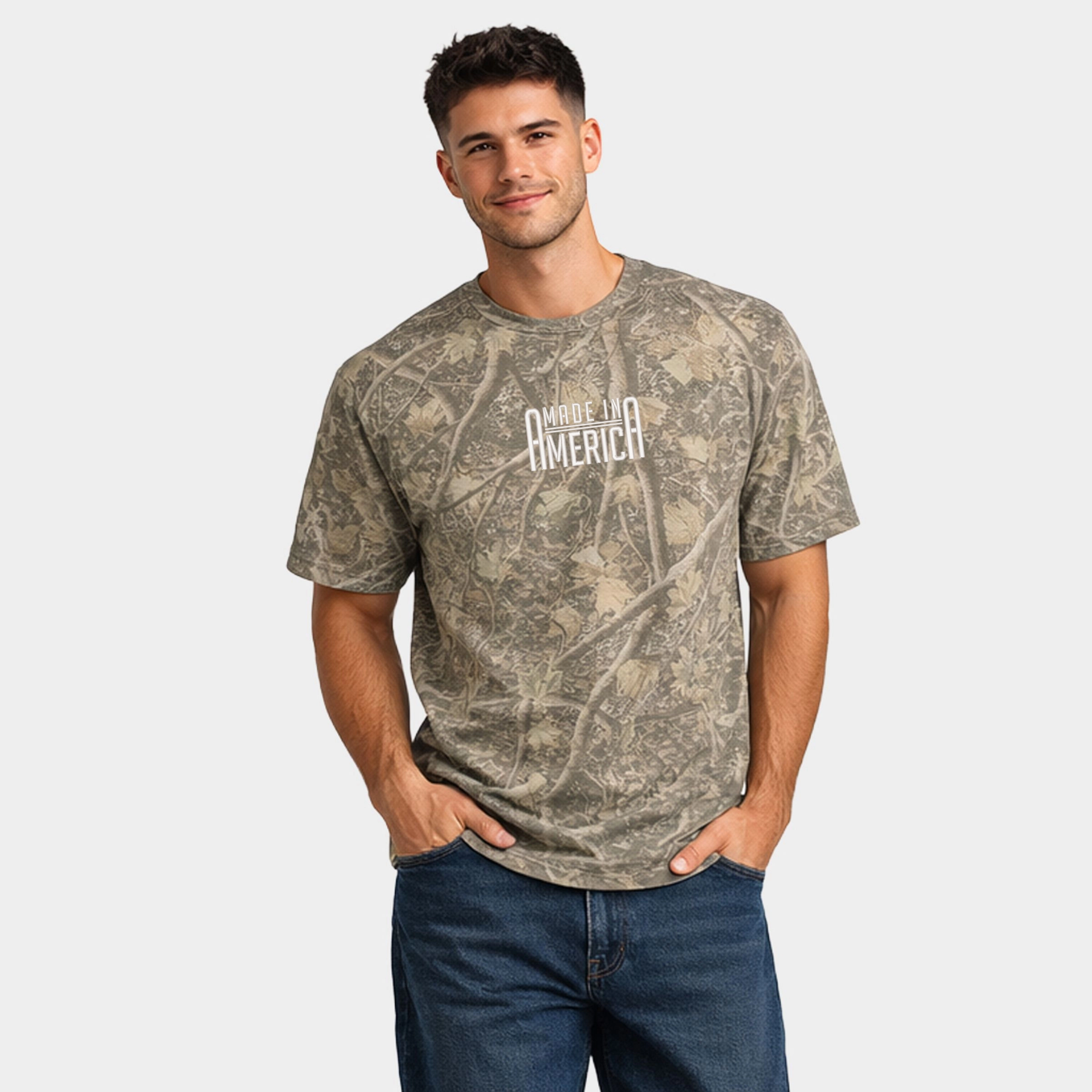 Simply Sage Market - Men's Heavyweight Camo Tee Embroidered Made America Rounded