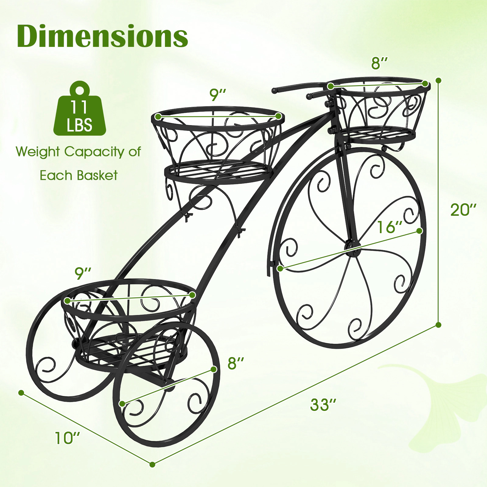 LJG Tricycle Plant Stand Flower Pot Cart Holder with 3 Hollowed Baskets