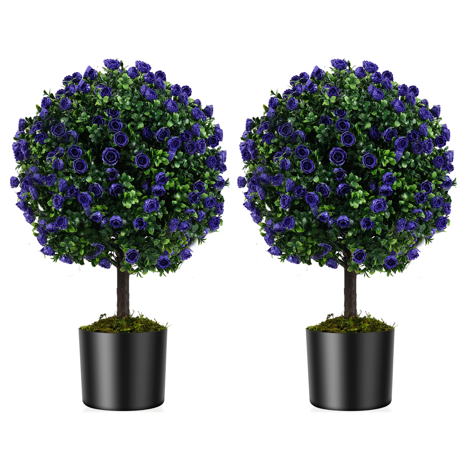 Slickblue 2 Pieces 22 Inch Artificial Rose Topiary Ball Trees with Purple Flowers for Indoor and Outdoor Decor