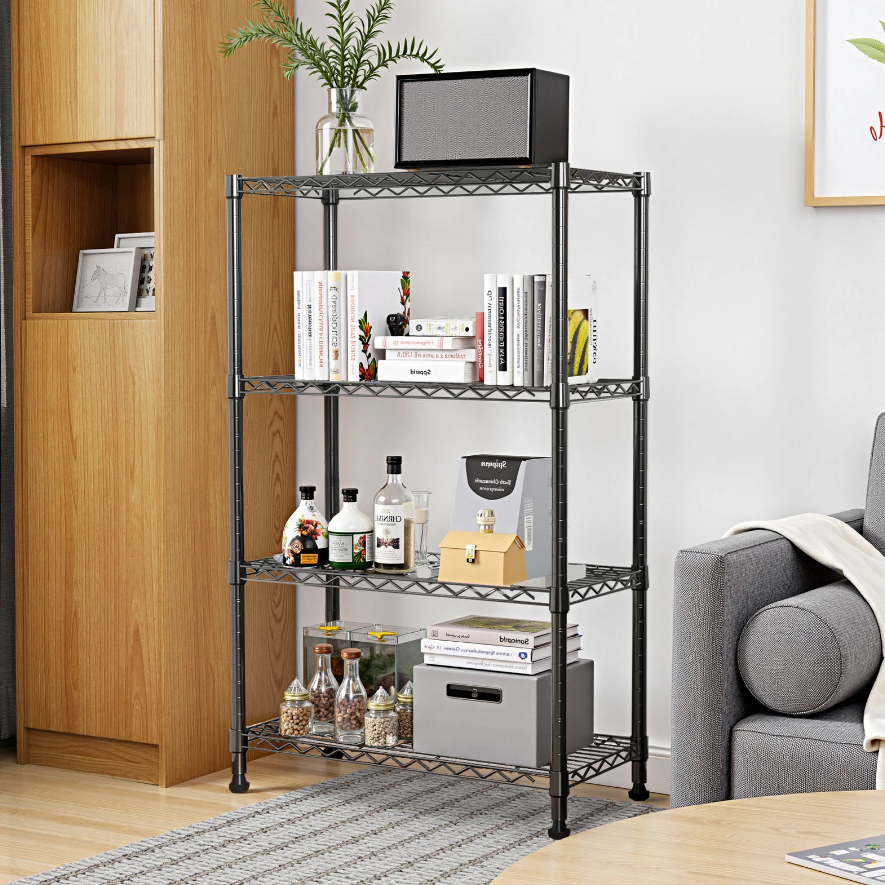 Flynama 4 Tier Heavy Duty Black Steel Shelving 1000 LBS 53.4 in H x 23.6 in W x 13.7 in D for Home