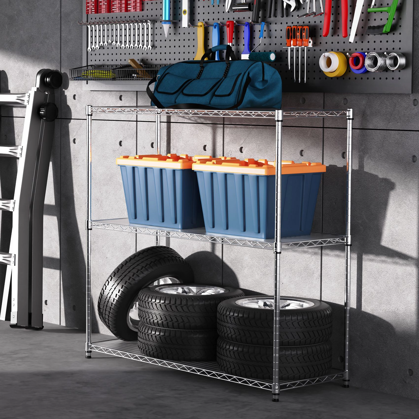 Flynama 3 Tier Wire Shelving 1050 LBS NSF Height Adjustable Heavy Duty Metal Garage Rack in Chrome