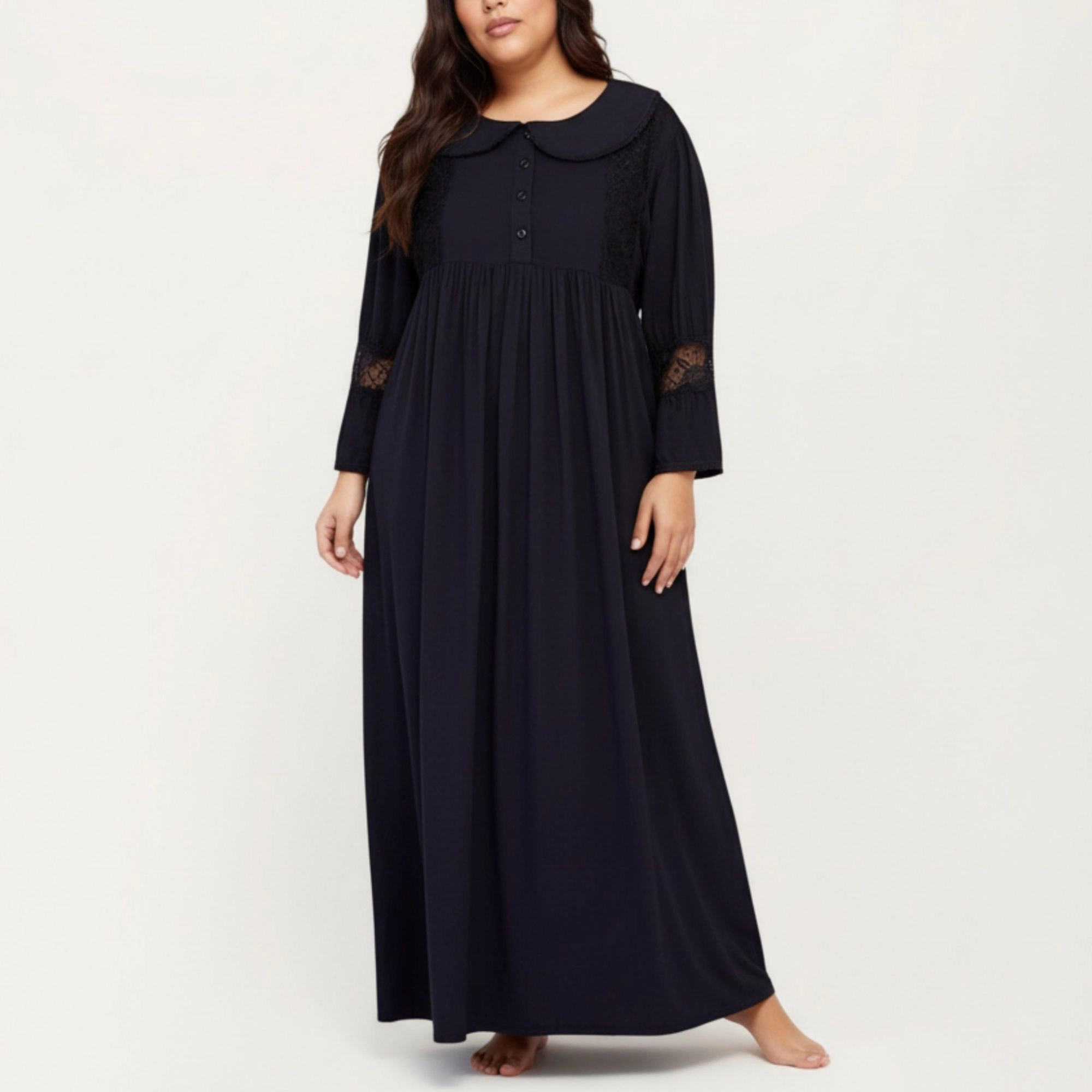 Anna-Kaci Women's Long Sleeve Maxi Nightgown Flowing Fabric Peter Pan Collar Detail and Lace Trim Accents on Sleeves