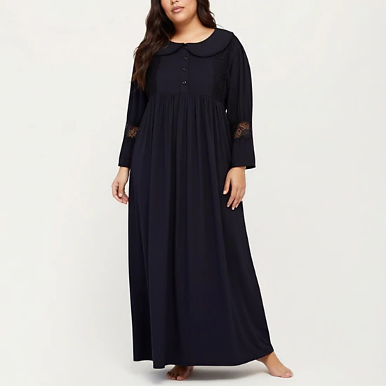 Anna-Kaci Women's Long Sleeve Maxi Nightgown Flowing Fabric Peter Pan Collar Detail and Lace Trim Accents on Sleeves
