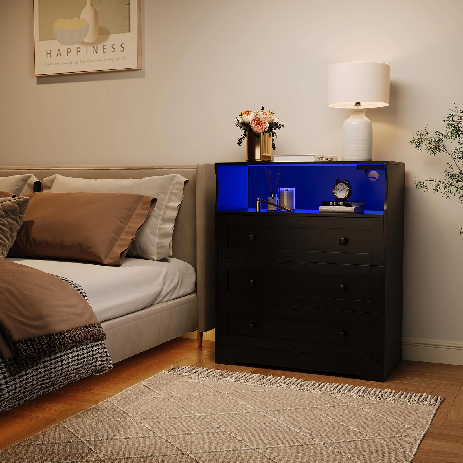 37.2" 3 Drawer Dresser with LED Lights & Charging Station, Wood Storage Chest Open Shelf