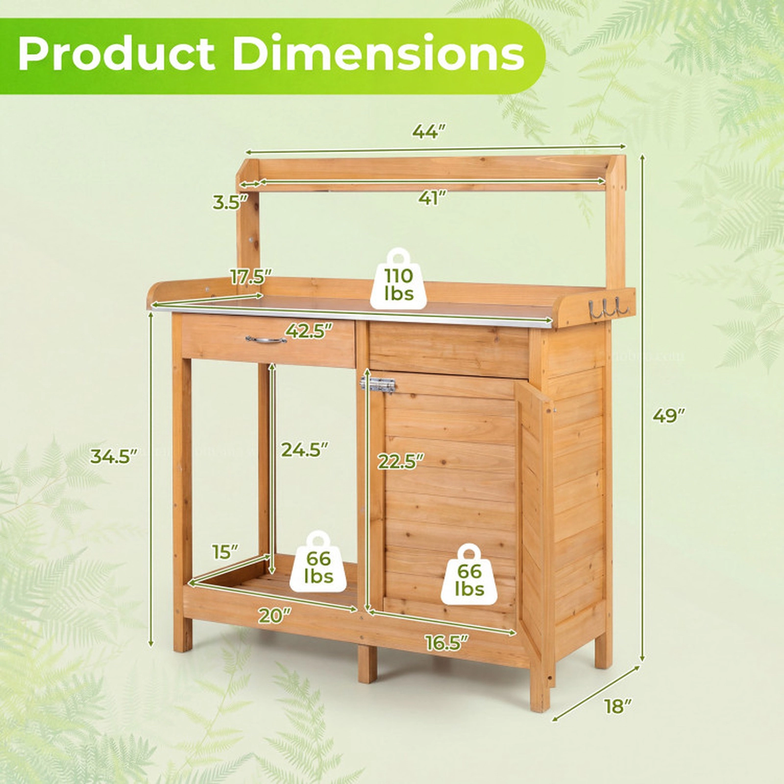 SUGIFT Natural Fir Wood Potting Bench Table with Metal Top Drawer and 3 Side Hooks 44-in W 18-in D 49.5-in H