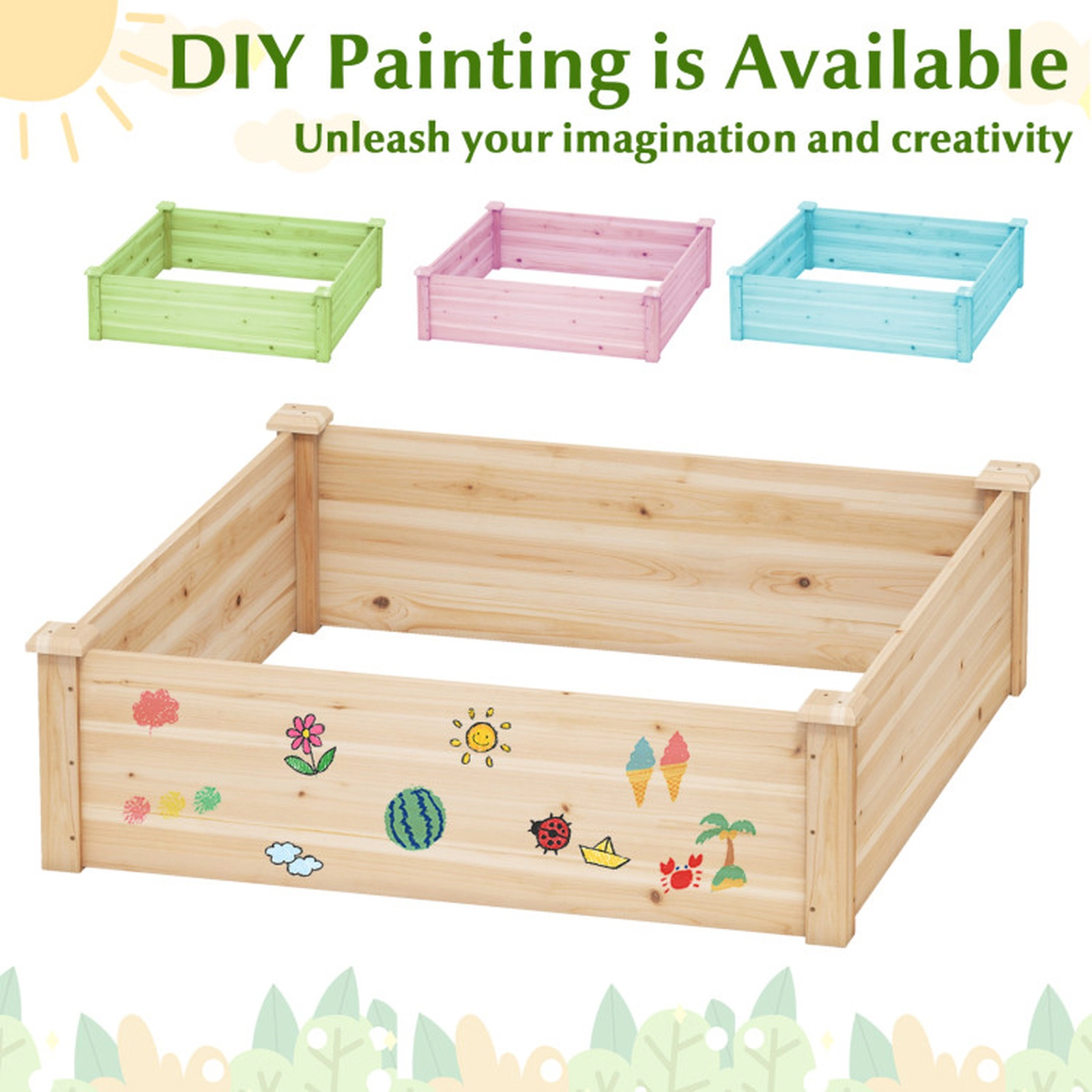 SUGIFT Natural Wood Square Raised Garden Bed with Open-Ended Base and 4 Reinforced Corners 40-in W 40-in D 12-in H