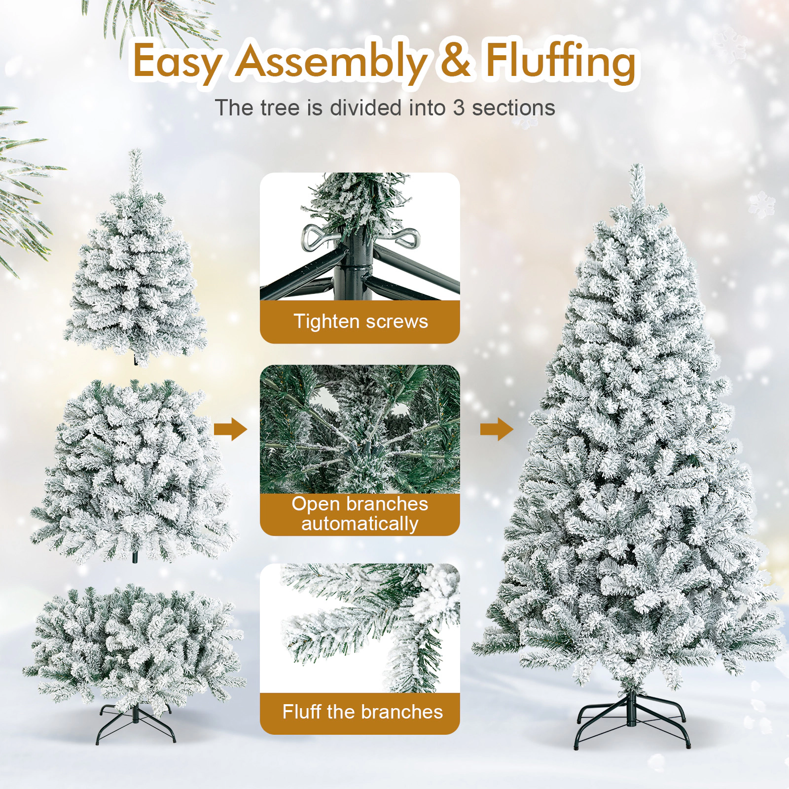 SUGIFT Snow Flocked Hinged Artificial White Christmas Tree with Branch Tips and Metal Stand