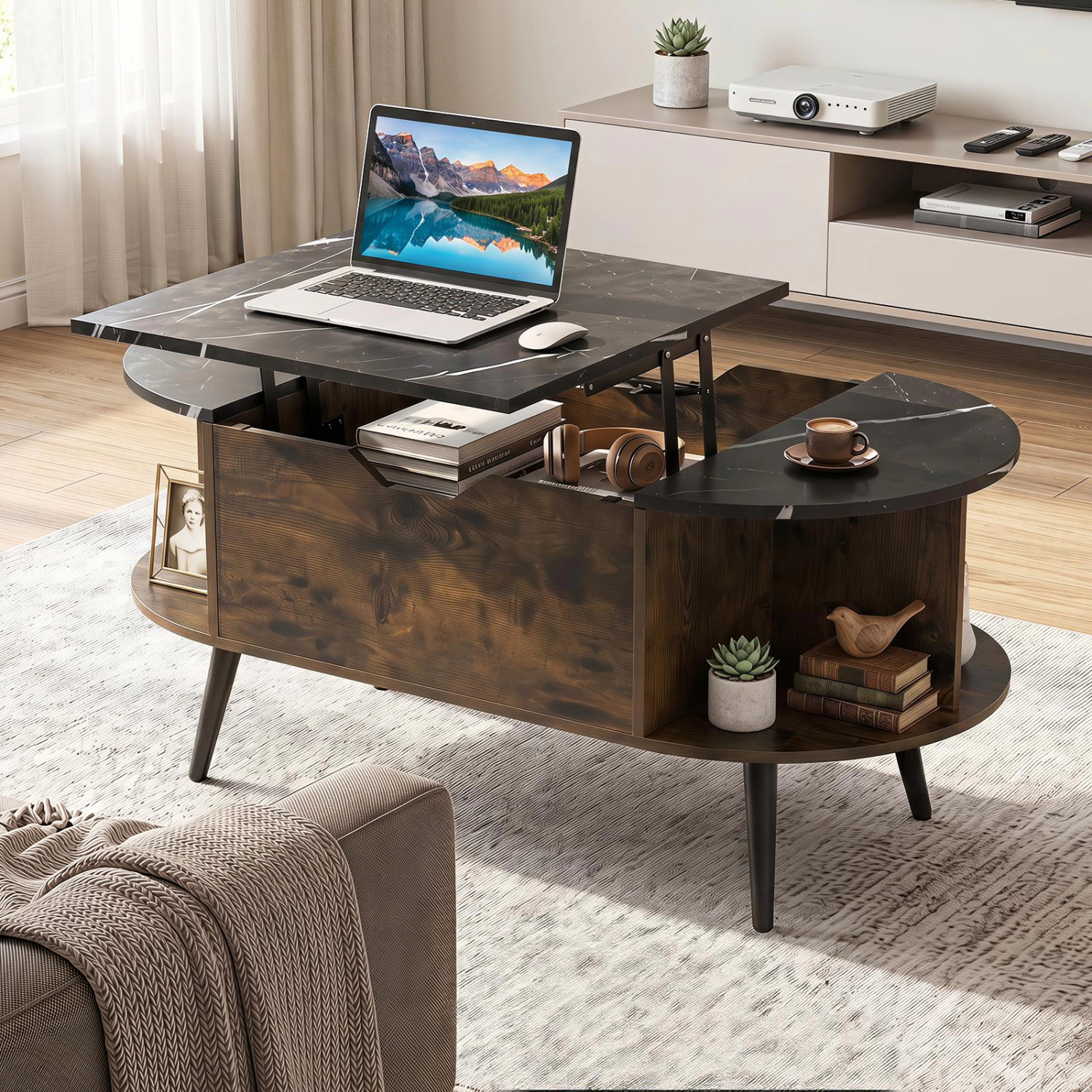 LJG Faux Marble Lift Top Coffee Table with Hidden Compartment and Shelves