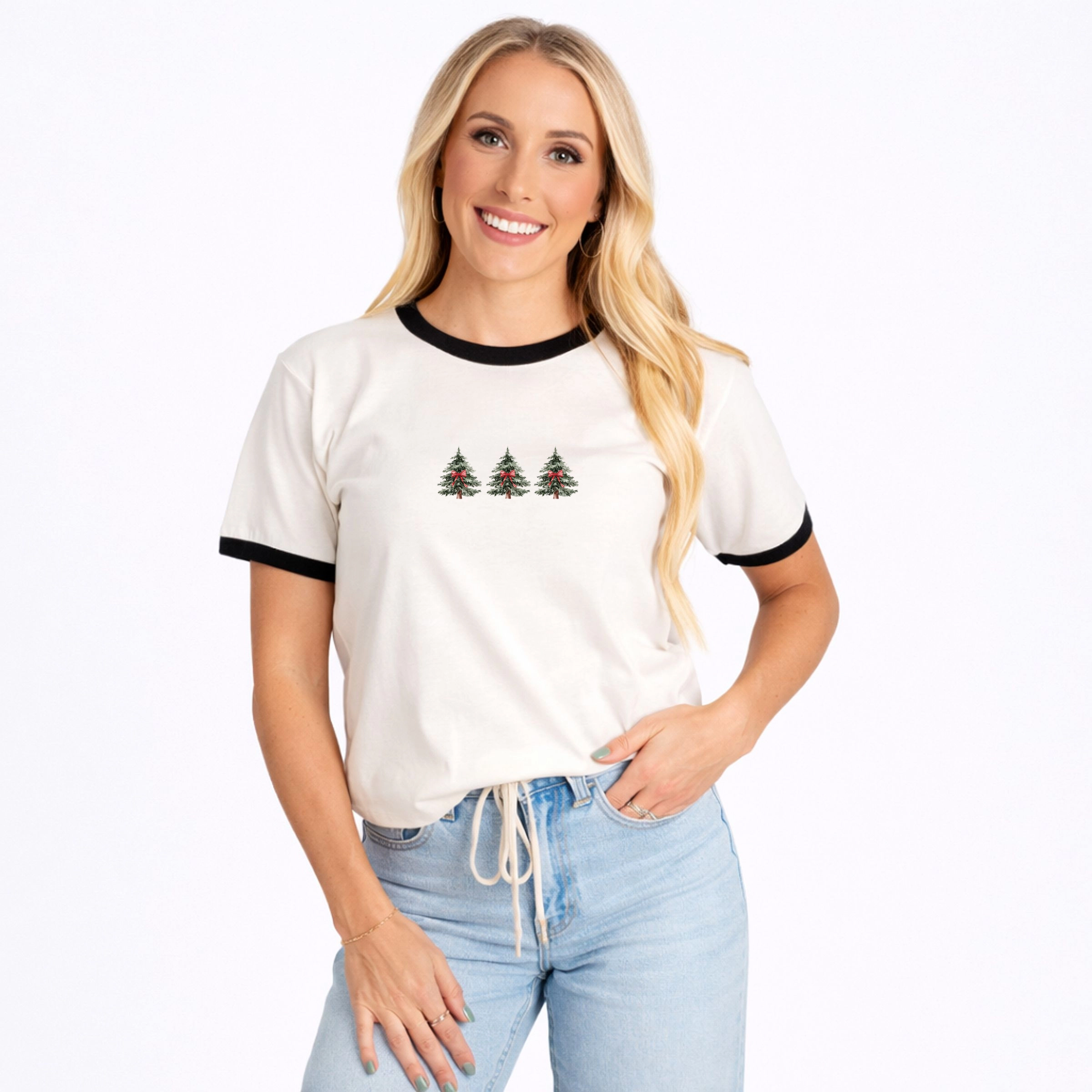 Simply Sage Market - Women's Ringer Graphic T-Shirt Coquette Christmas Trees