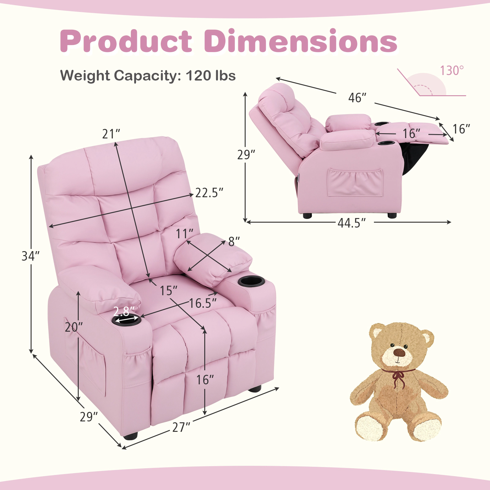 SUGIFT Adjustable Kids Recliner Chair with Cup Holder and Footrest 120-Lb Capacity Ages 3+ 26-in Wide Light Pink