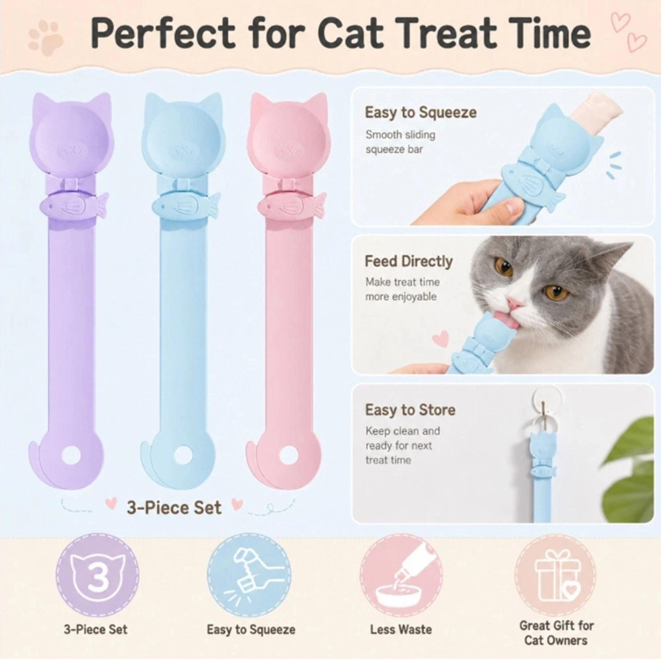 Home Collection Pack of 3 Cat Treat Spoon Dispenser for Lickable Wet Food Tubes