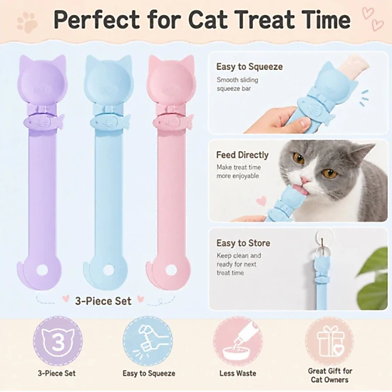 Home Collection Pack of 3 Cat Treat Spoon Dispenser for Lickable Wet Food Tubes