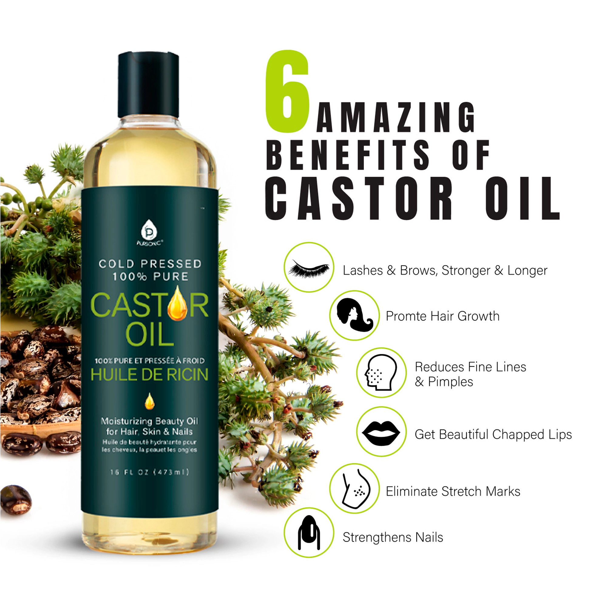 Pursonic Unisex 100% Pure Cold Pressed Castor Oil 16 Oz