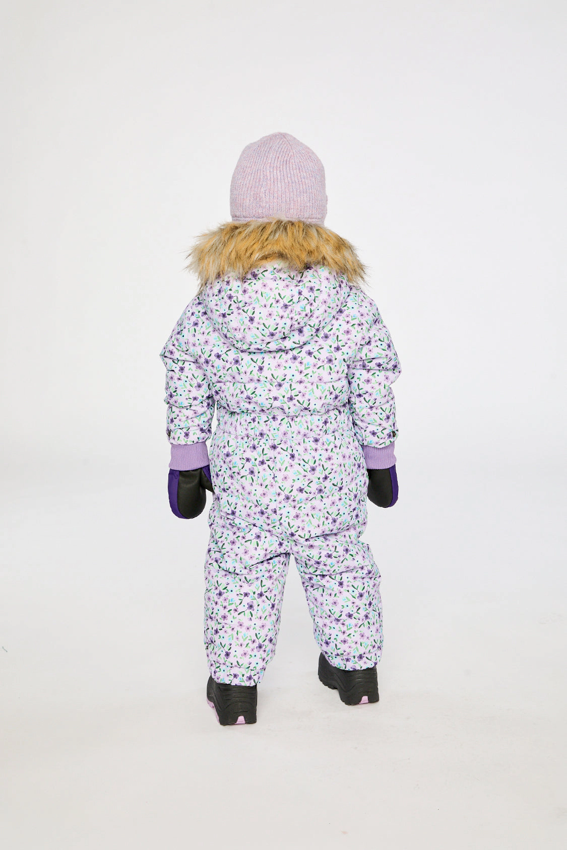 Deux par Girls Original Mini Flower Print One Piece Puffy Snowsuit with Removable Mittens and Boots