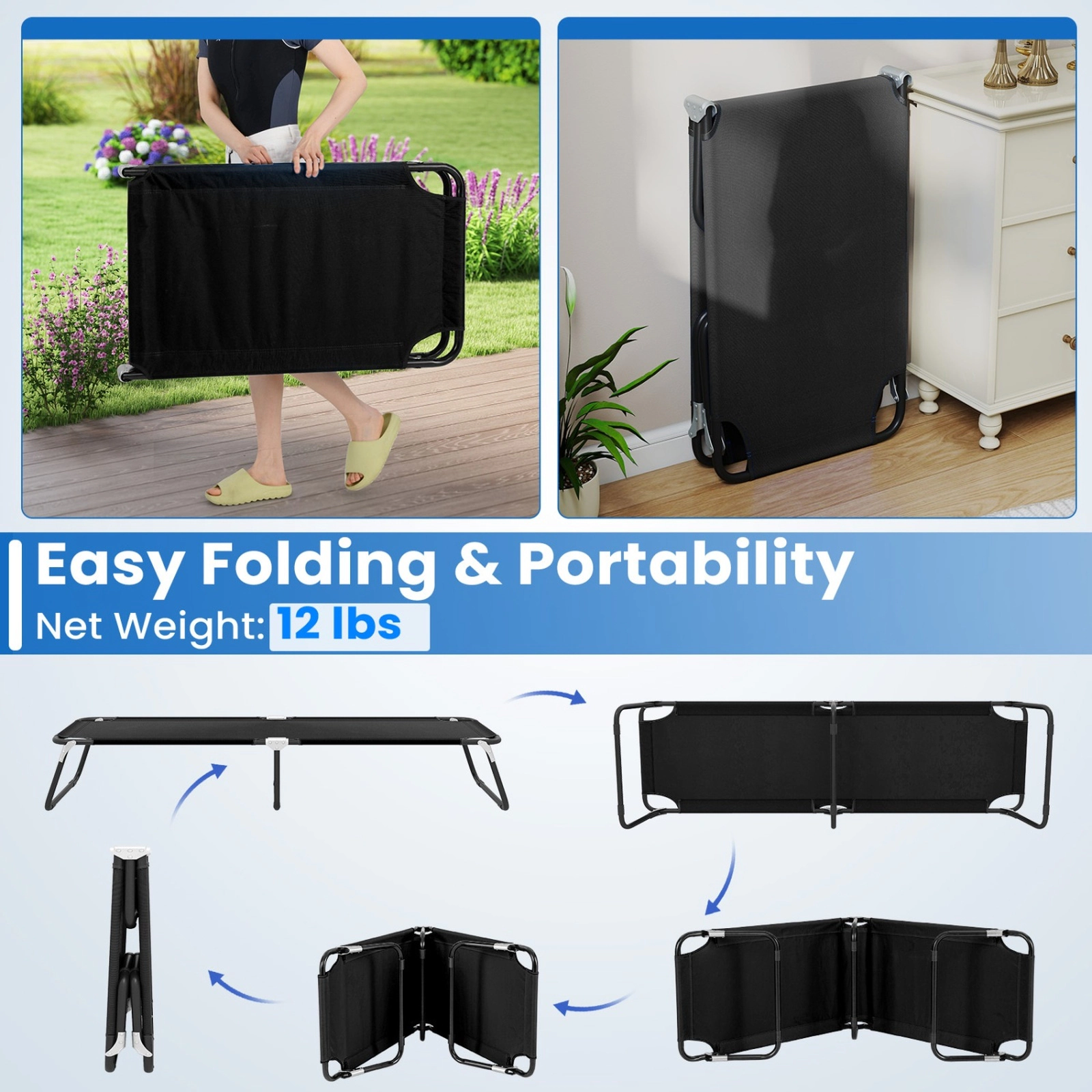 SUGIFT Outdoor Folding Camping Bed Portable Cot 600D Oxford Cloth Iron Frame 330-lb Capacity 75 x 22 x 12-in Black