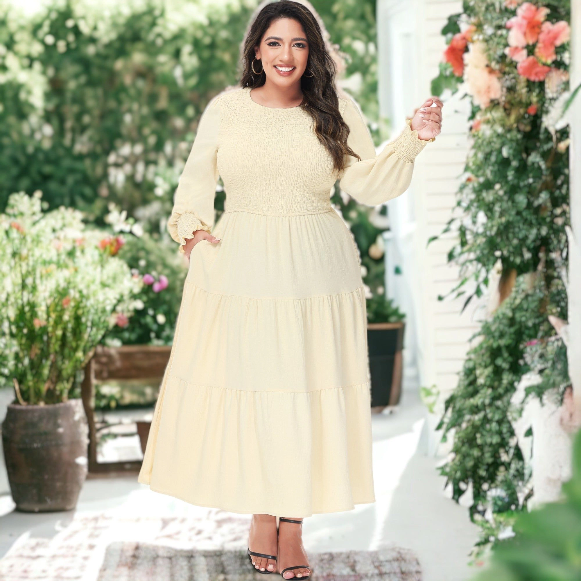 Anna-Kaci Womens Plus Smocked Chest Round Neck Flowy Tiered Maxi Dress
