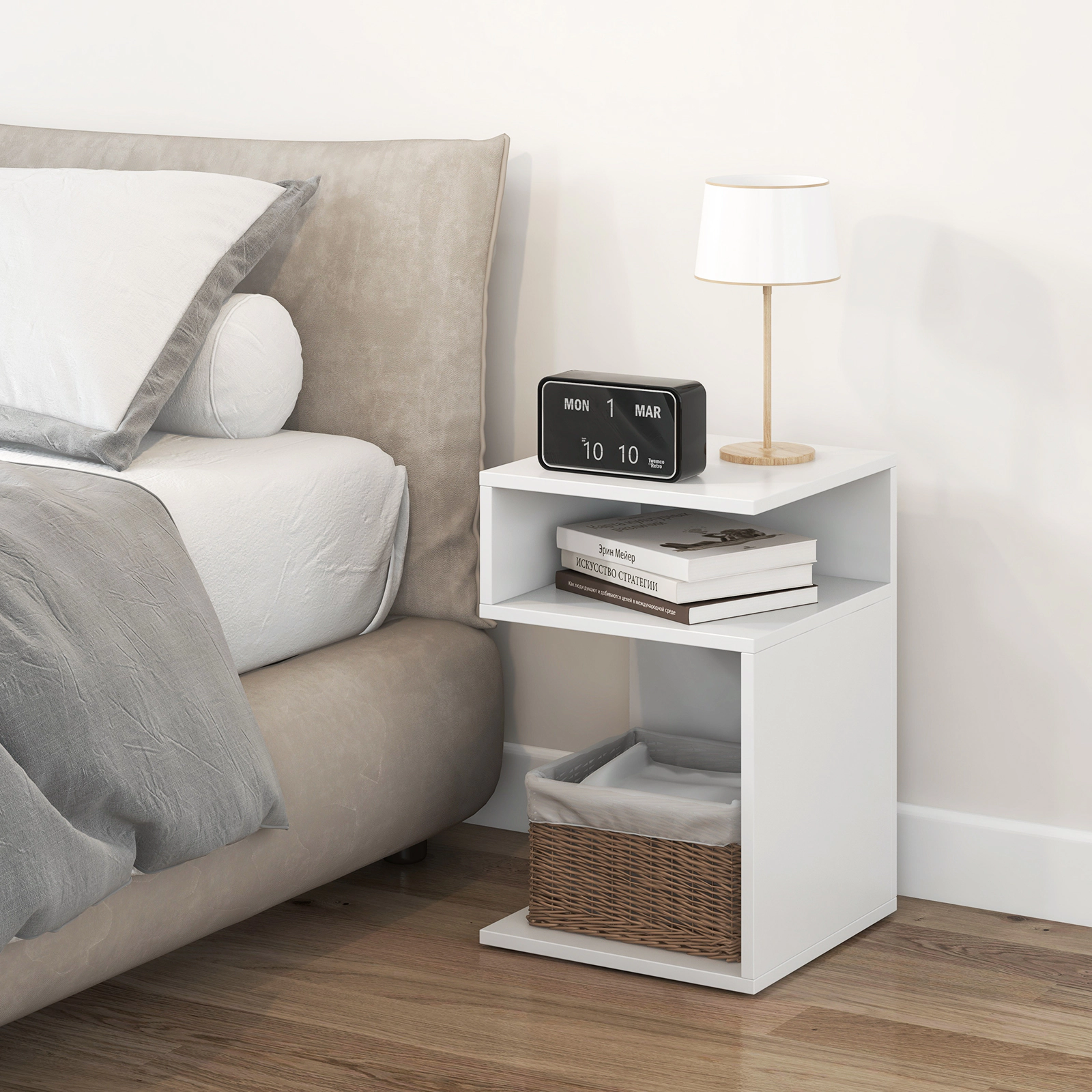 SUGIFT S-Shaped Engineered Wood Side Table with 2 Open Compartments 66-lb Tabletop Capacity White