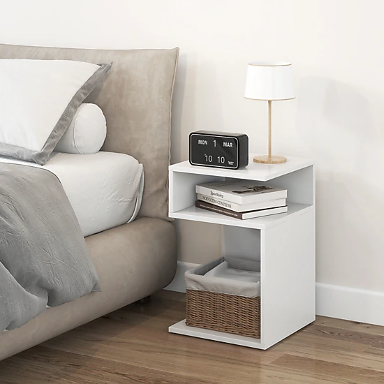 SUGIFT S-Shaped Engineered Wood Side Table with 2 Open Compartments 66-lb Tabletop Capacity White
