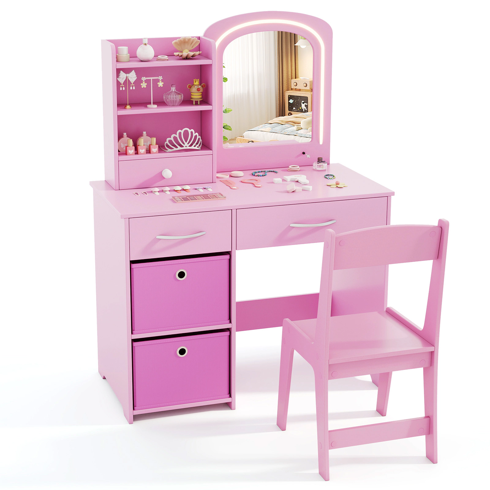 SUGIFT Pink Kids Vanity Set with Lighted Mirror, Chair, Drawers and Shelves
