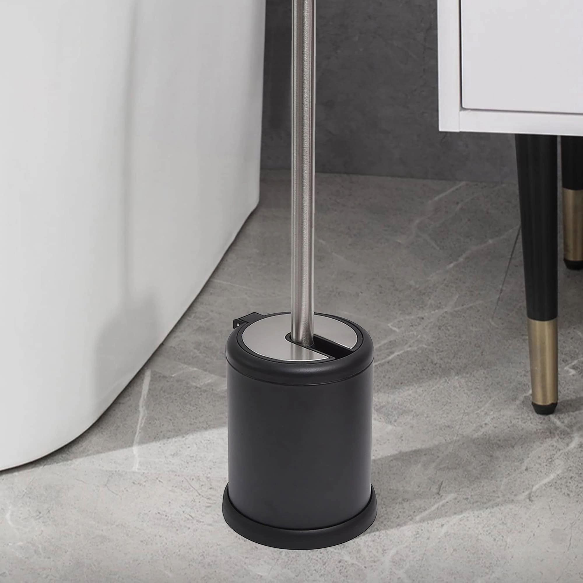 Evideco French Home Goods Chrome Toilet Brush and Holder Set - Folding Lid, Removable Insert, Stainless Steel Handle