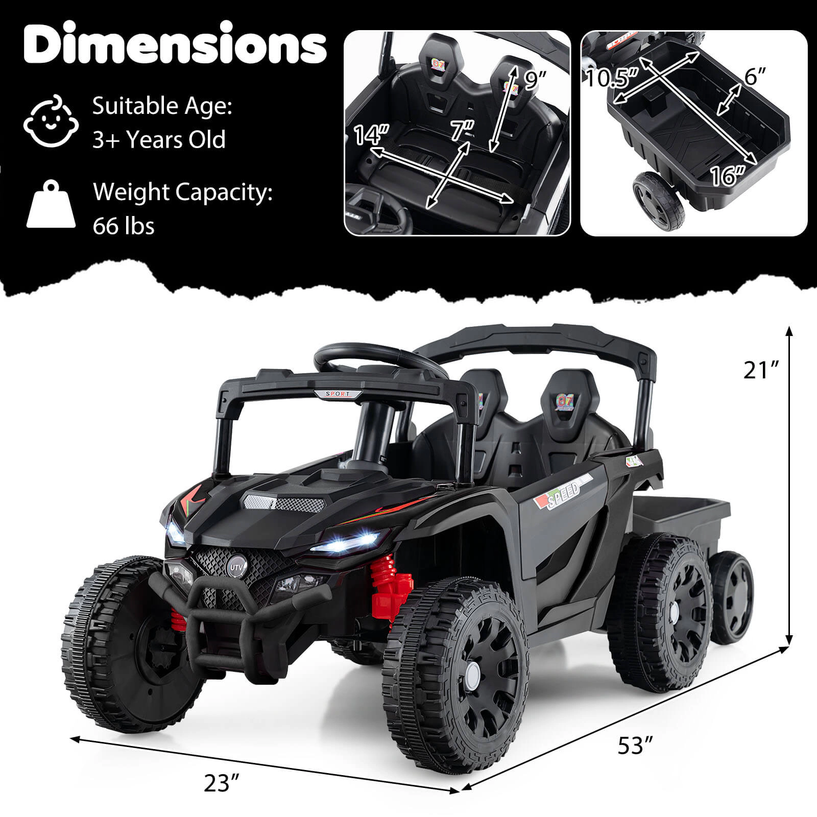 Costway 12V Kids Ride On UTV with Detachable Trailer, Remote Control, 3 Speeds, LED Lights Black