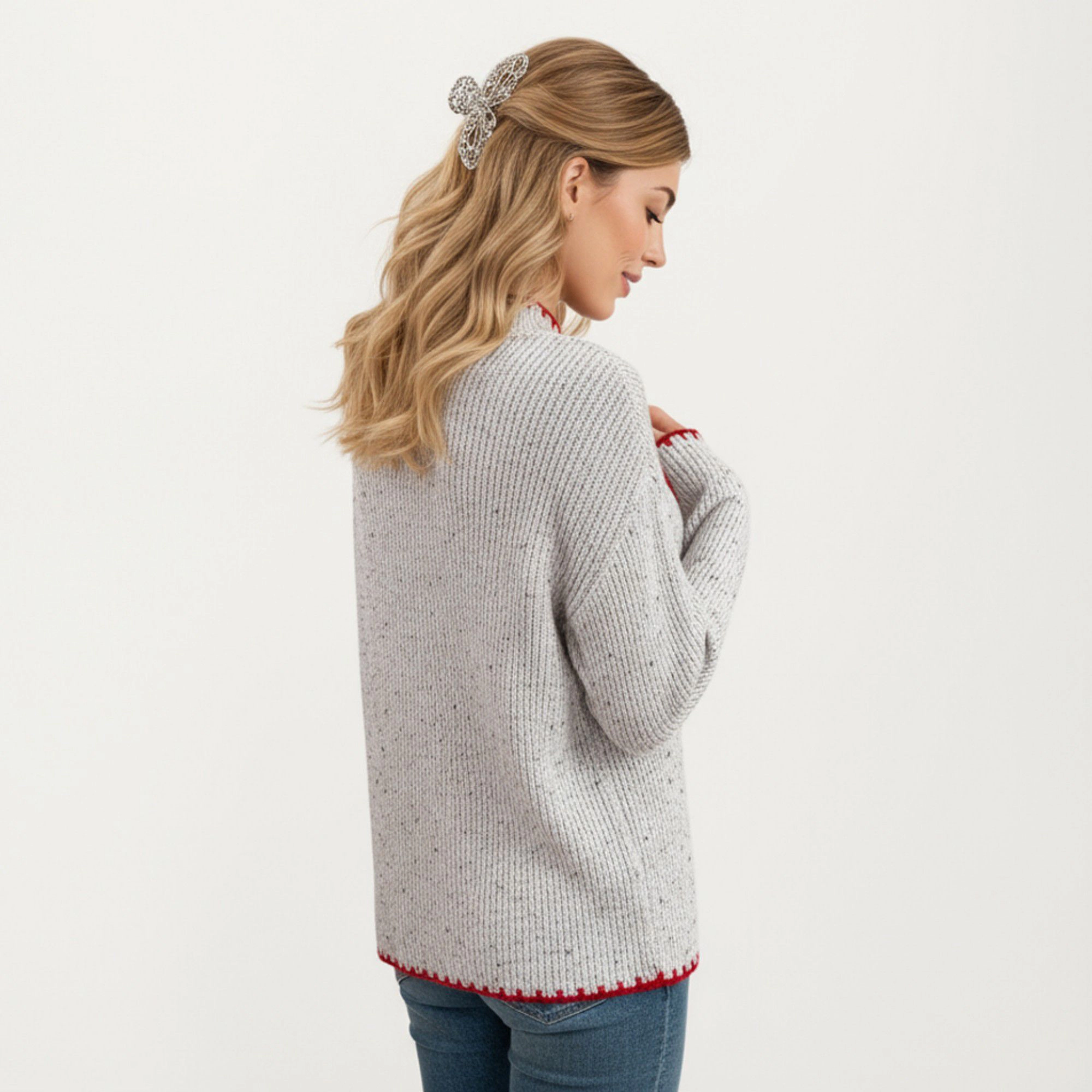 Anna-Kaci Women's Ribbed Knit Sweater with Valentine Heart Patch Contrast Trim