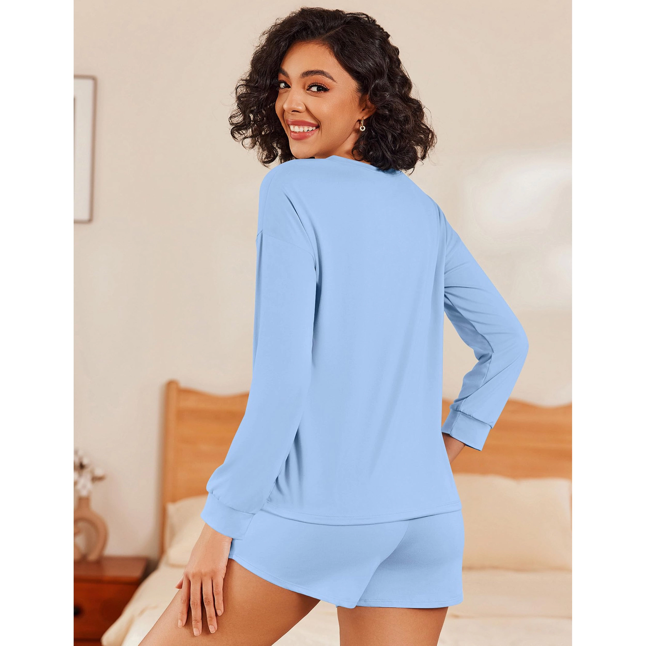 Ekouaer Womens Pajama Sets 2 Piece Lounge Set Casual Long Sleeve With Shorts Loungewear