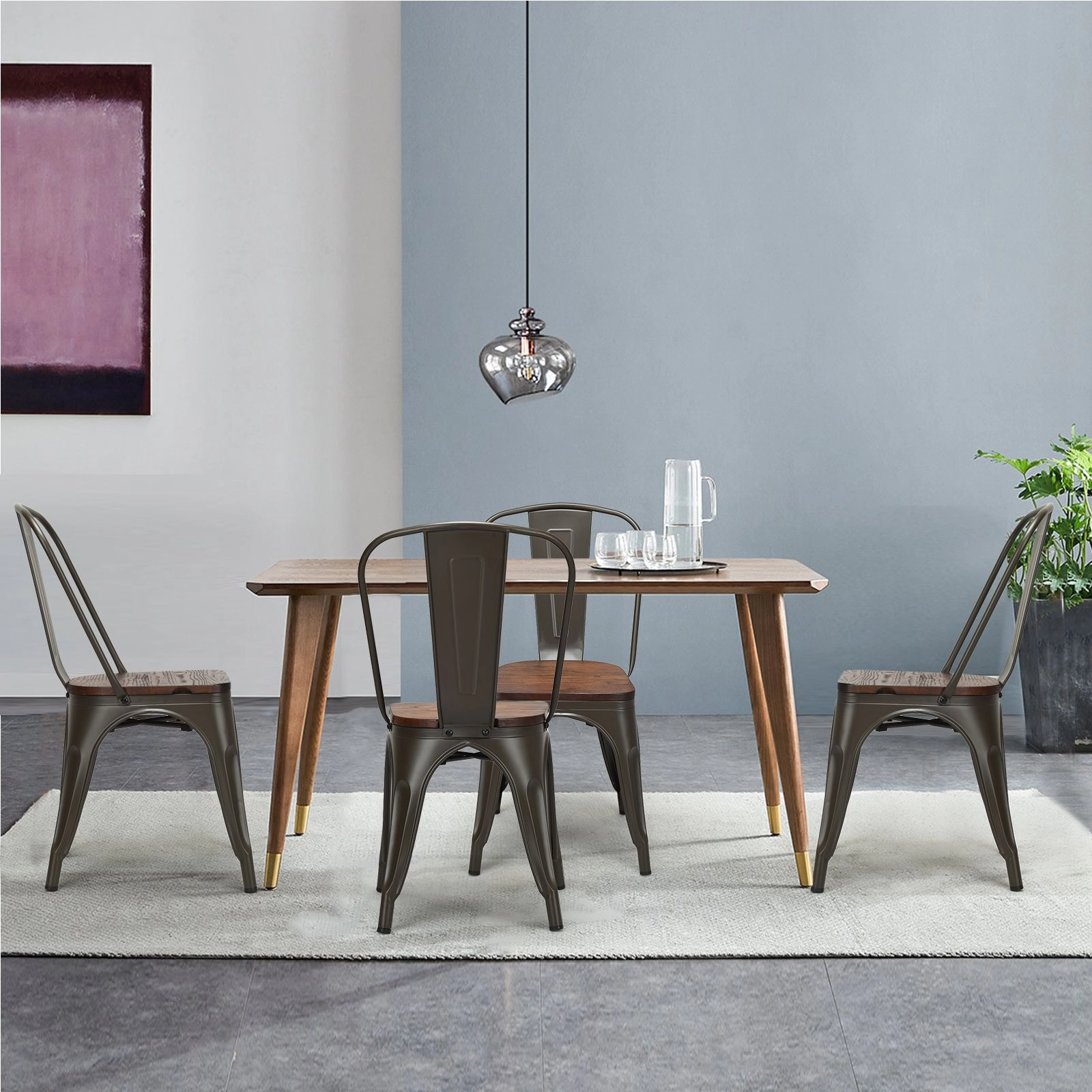 SlickBlue Set of 2 Metal Dining Chairs, Dark Green Steel Frame Wood Seat