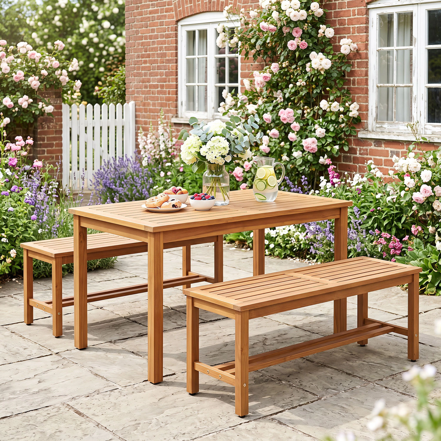LJG Outdoor Acacia Wood Patio Bench for 2 with Slatted Seat