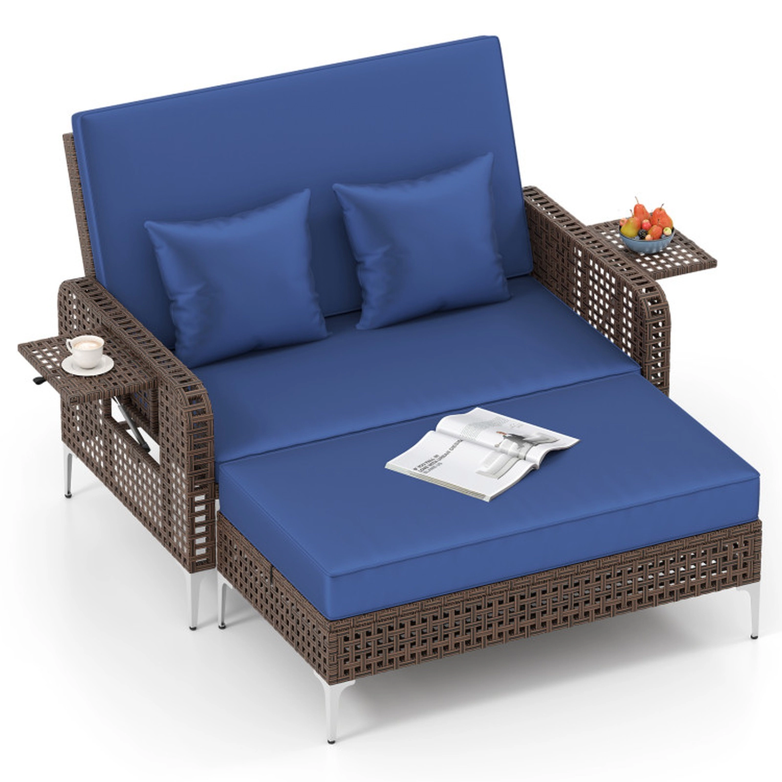 SUGIFT Navy Folding Table 2-Piece Patio Rattan Daybed Wicker Loveseat and Ottoman