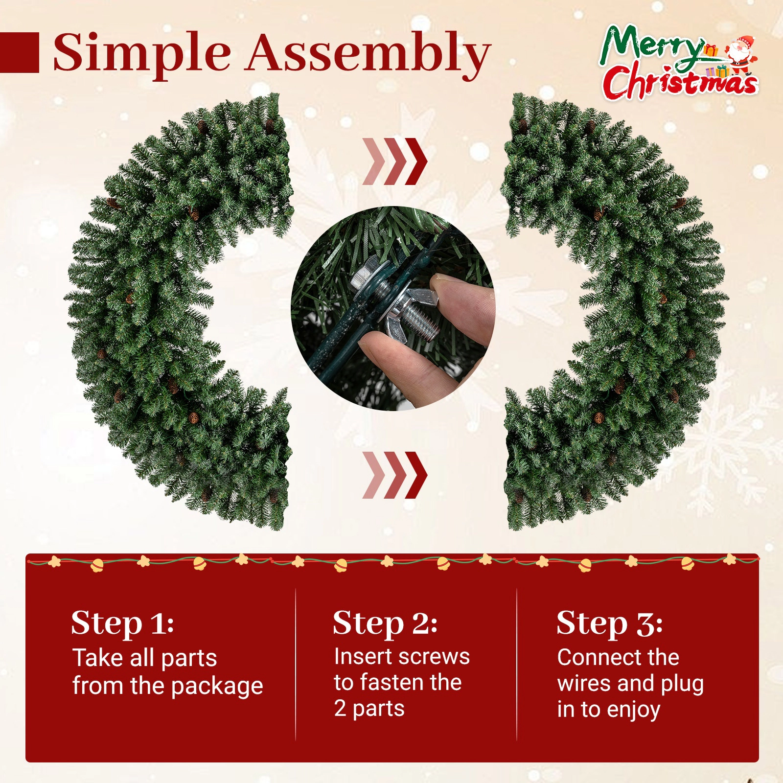 SUGIFT 60-in 200 Warm White LED Lights 680 Branch Tips Pre-Lit Christmas Wreath 24 Pine Cones 17-lb Green
