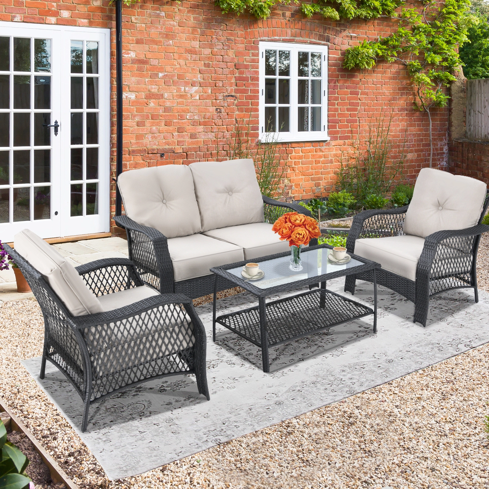 LJG 4 Pieces Patio Wicker Furniture Set Loveseat Sofa Coffee Table with Cushion
