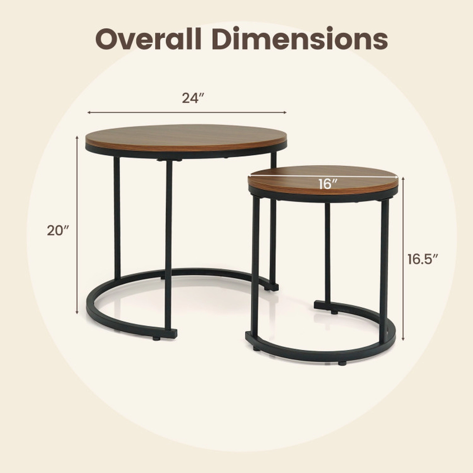 SUGIFT Set of 2 Round Stacking Nesting Coffee Tables for Living Room with 24-in and 16-in Tops Rustic Brown Light Brown