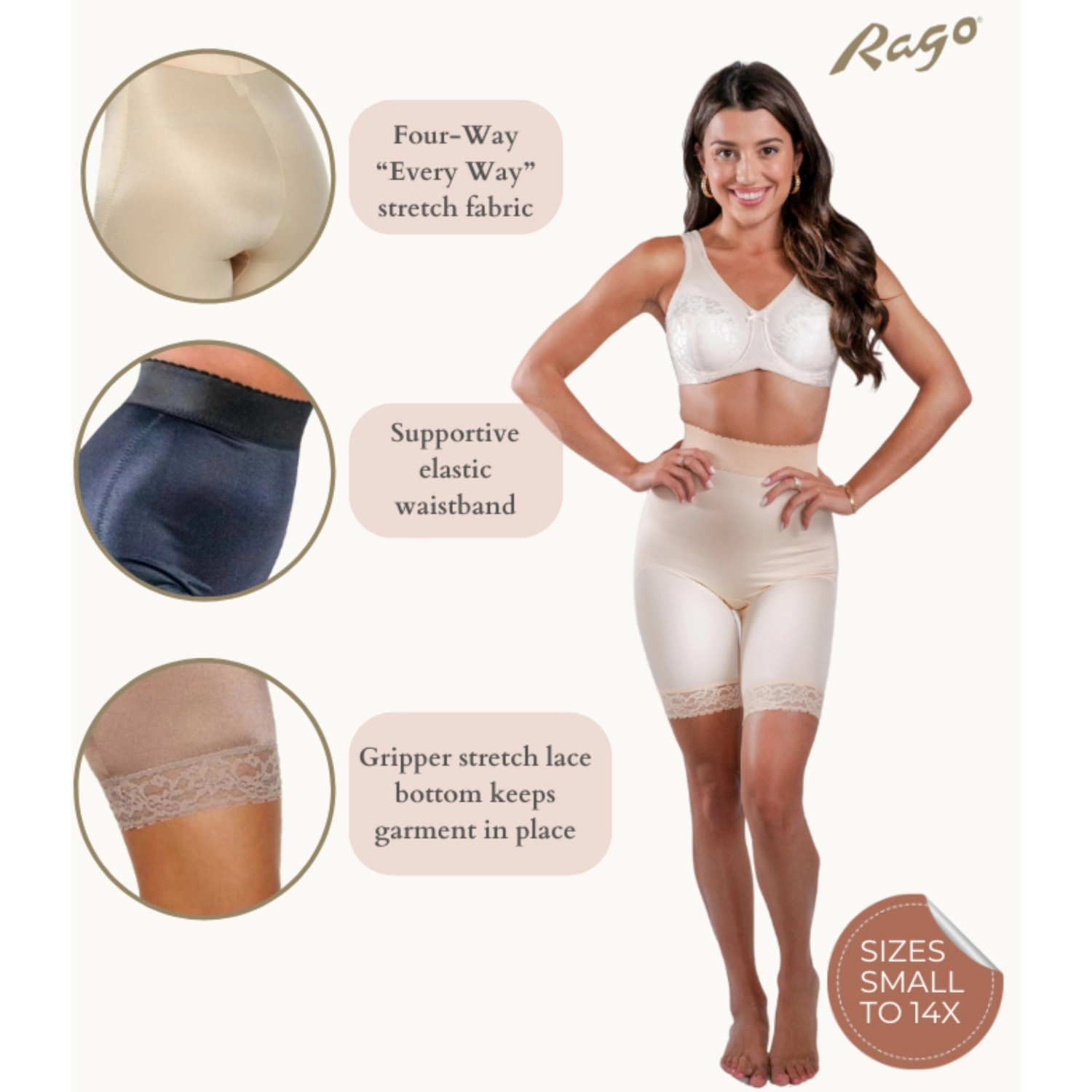 Rago High Waist Light Shaping Bike Short | Satin 4-Way Stretch with Built-In Panty Style 518