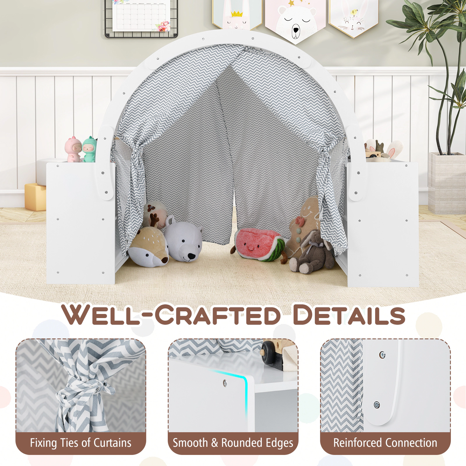 Wooden Kids Play Tent Playhouse with 8 Cubbies and 2 Countertops Curtain Shades Fits Most Kids Mattresses White