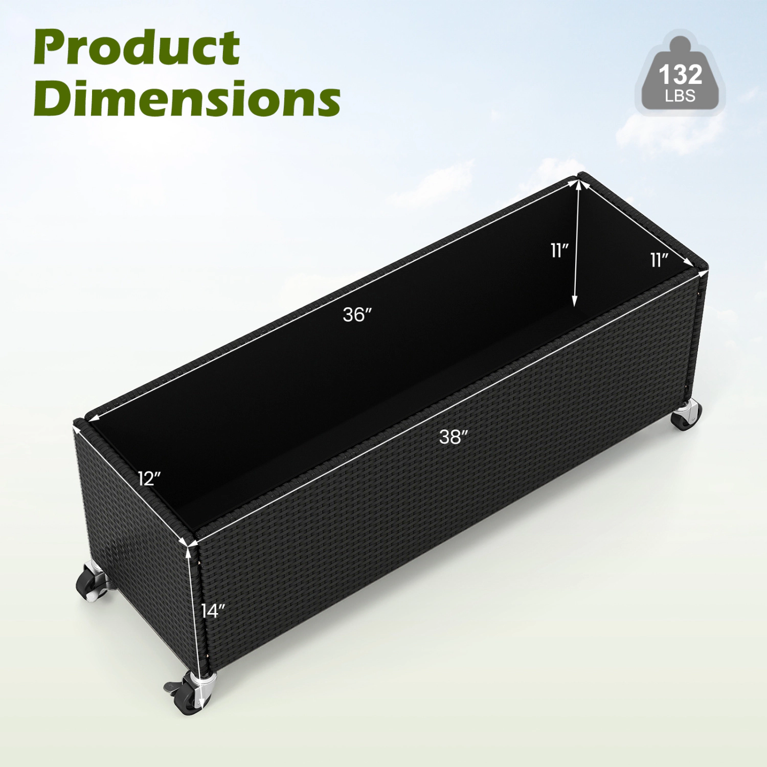 LJG Raised Garden Bed PE Rattan Wicker Patio Planter Box with Liner and Wheels