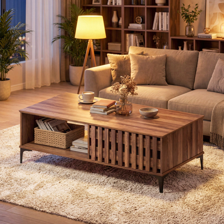 Hivvago 47 Inches Mid Century Coffee Table Farmhouse Wooden Center Table